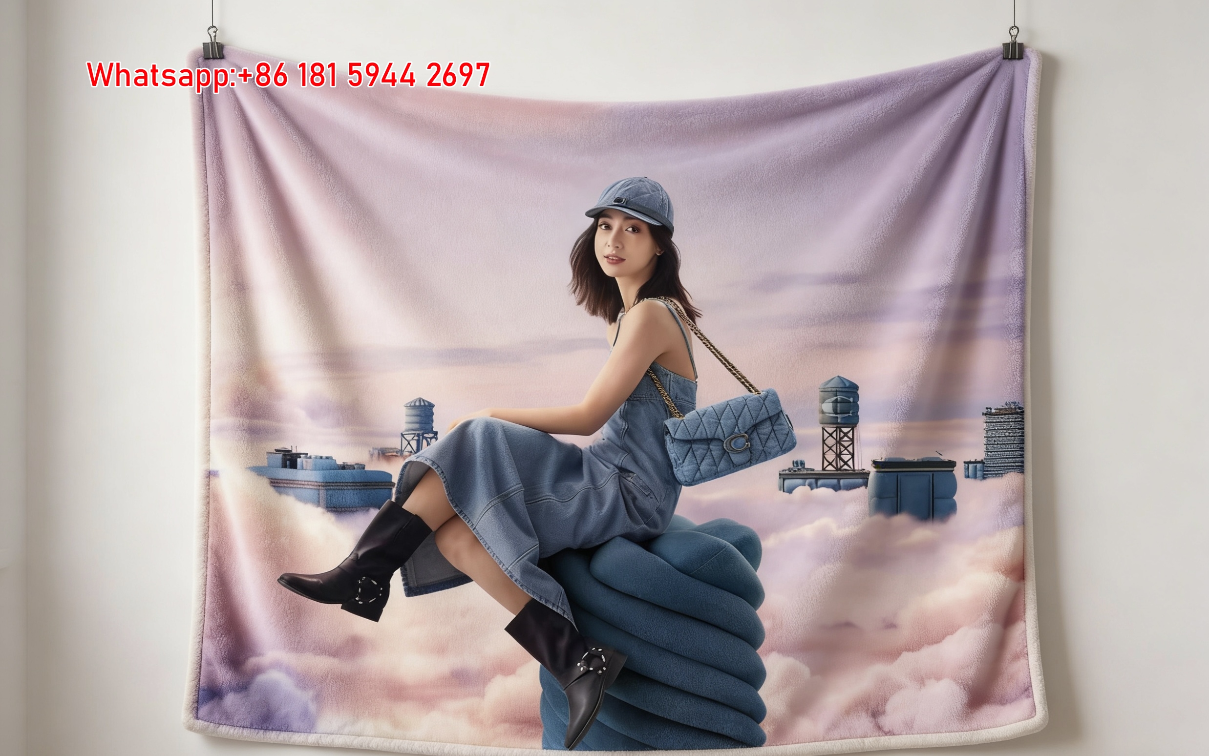 Coach Cloud Denim Print Flannel Throw Blanket for Sofa C110